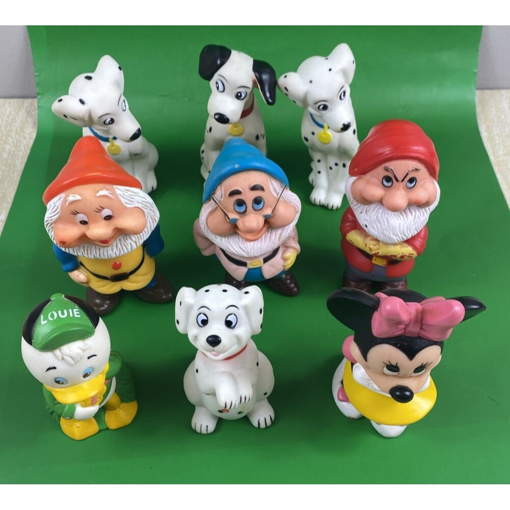 Lot of 9 Vintage Disney Rubber Squeak Toys Dalmatians Drawfs  Minnie & Louie